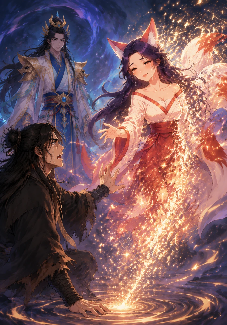As her magic drains completely, Wu Yi smiles through her tears, fading into brilliant particles of starlight. Her ultimate sacrifice guarantees Ji Ling will live on, but it shatters her own soul, sending her into a deep, turbulent cycle of reincarnation.