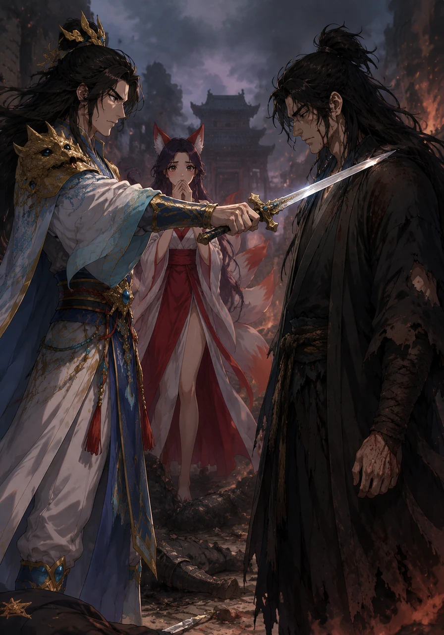 A tragic misunderstanding poisons Yi Chen's heart, as he has been led to believe that the demonic Zhu Yan slaughtered his entire clan. Zhu Yan stands silently before the dragon warrior's drawn sword, his heart breaking because he remembers their past love, while Yi Chen only sees a monster.