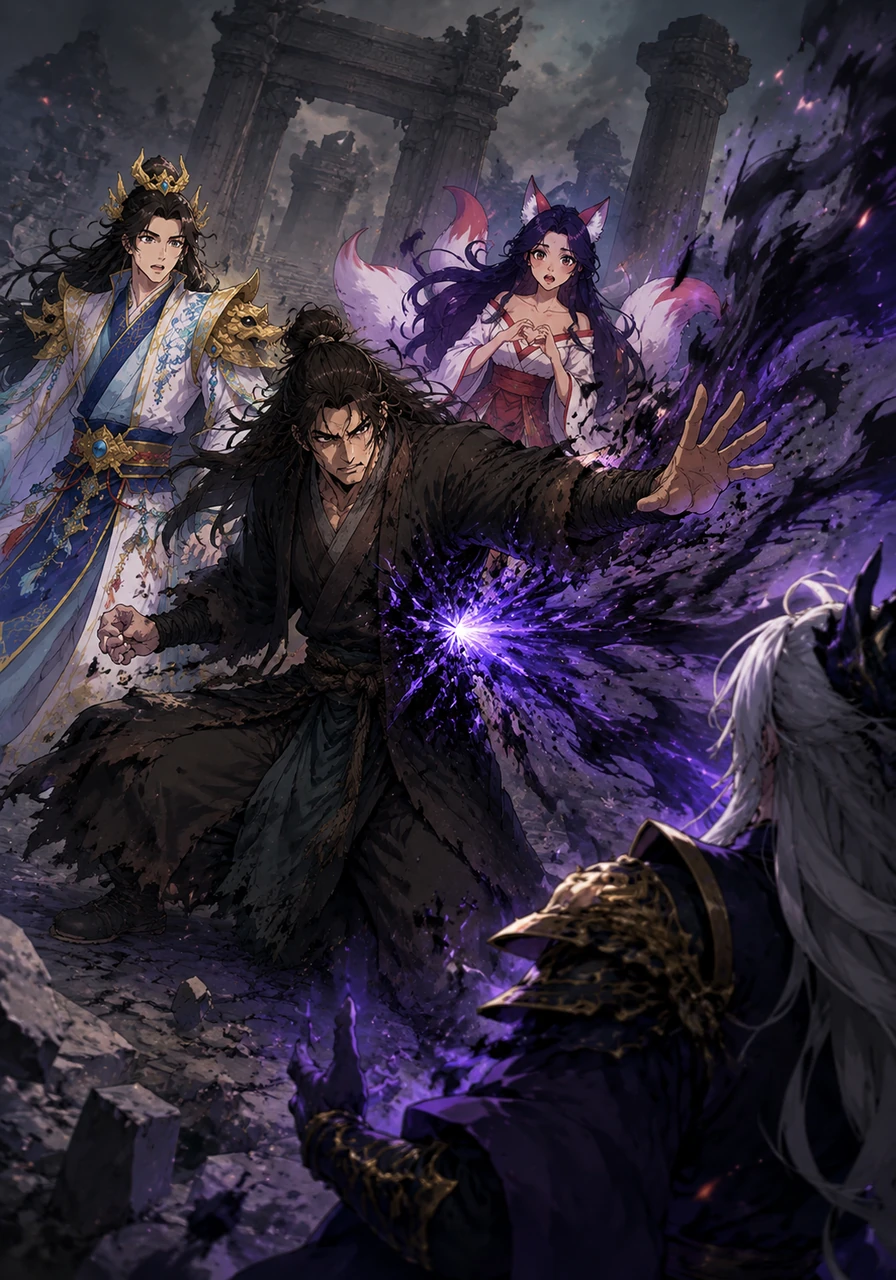 During a fierce confrontation amidst ancient ruins, a sinister third party reveals themselves as the true culprit behind the destruction of Yi Chen's family. Zhu Yan instantly leaps forward, shielding an astonished Yi Chen from a lethal, shadowy blast and taking the blow himself.