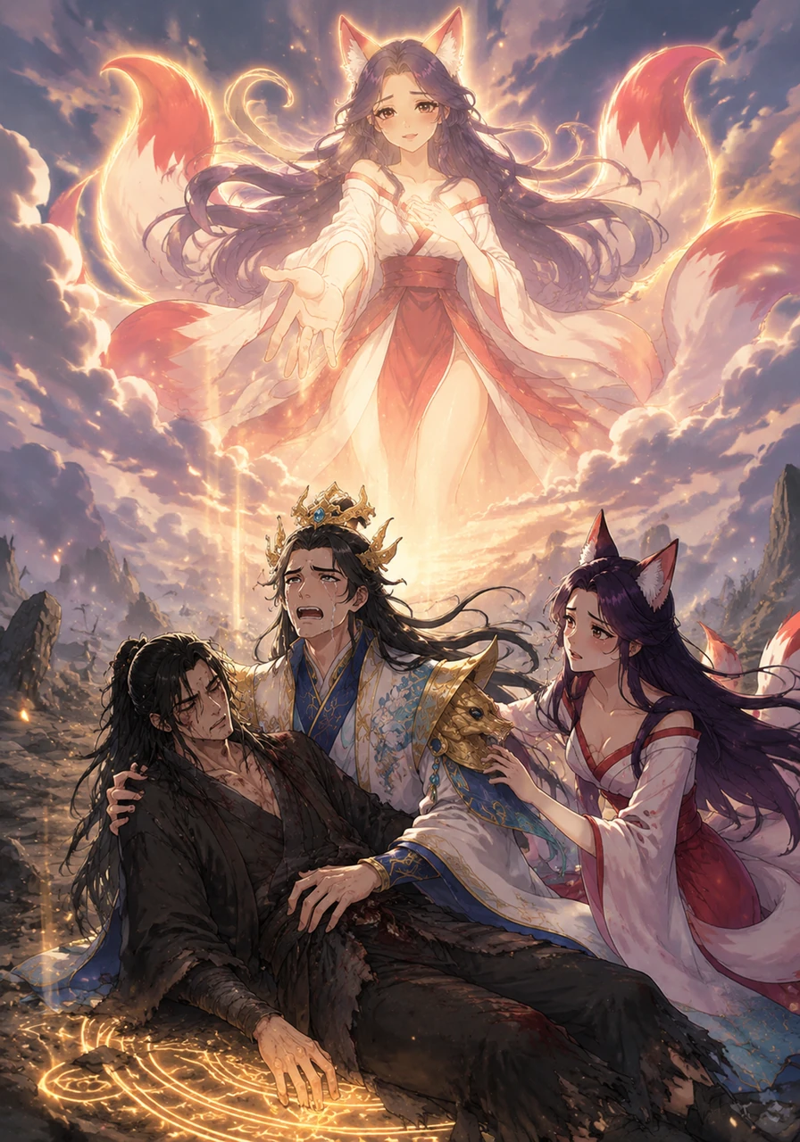 As Zhu Yan lies wounded, the ancient protective seal he created centuries ago resonates, projecting the glowing image of the fox spirit Wu Yi into the sky. Looking at the spirit, Yi Chen finally remembers the countless lifetimes of love and sacrifice, weeping as he holds Zhu Yan under the clearing clouds.