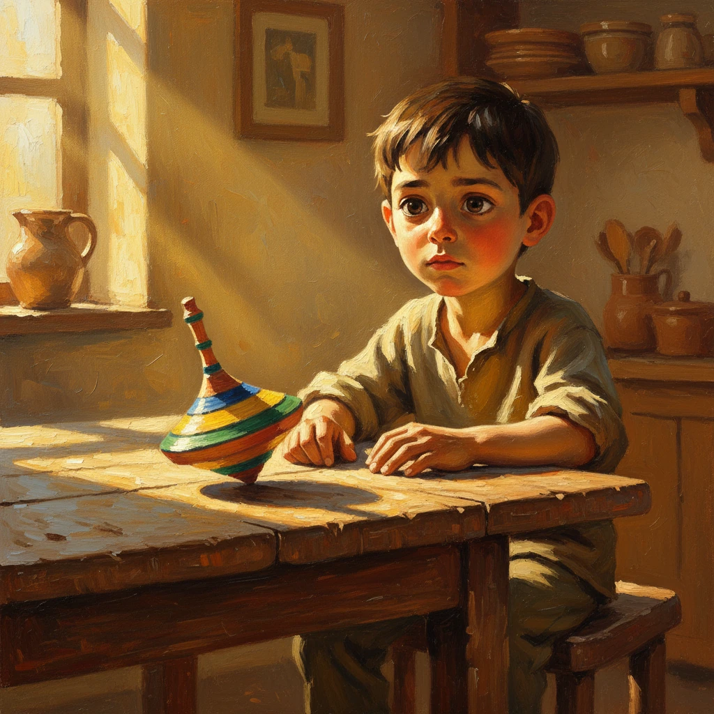 Mateo, un niño con ojos pensativos, se sienta en un taburete de madera gastada en una cocina bañada por el sol. Ante él, sobre una mesa rústica, descansa un trompo de madera bellamente tallado, pintado con las vibrantes franjas amarilla, verde, azul, gris y naranja. Un único rayo de sol dorado ilumina dramáticamente el trompo, proyectando largas sombras sobre la madera texturizada de la mesa y el rostro serio de Mateo.