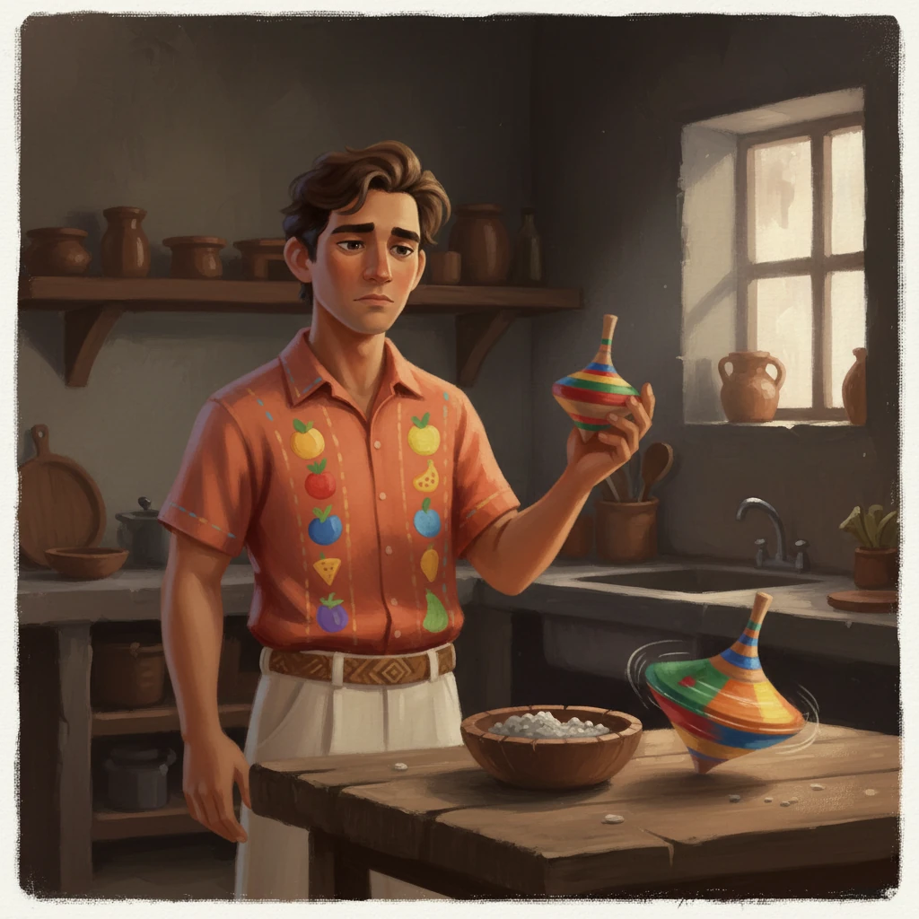 Mateo intenta hacer girar su trompo, pero este se tambalea precariamente, incapaz de encontrar su equilibrio. Mira un plato a medio comer con comida insípida, una sombra de decepción cruzando sus facciones. La cocina se siente más tenue, reflejando su baja energía, con la franja amarilla del trompo luciendo descolorida y apagada.