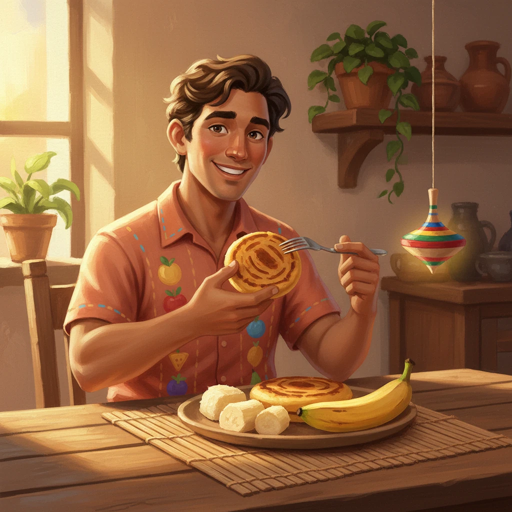 Más tarde, Mateo sonríe alegremente mientras disfruta de un copioso desayuno: una arepa dorada, una rebanada de yuca esponjosa y un plátano maduro. Una luz cálida y acogedora inunda la escena, enfatizando las ricas texturas de la comida. La franja amarilla de su trompo ahora brilla con renovado vigor, reflejando su propio espíritu re-energizado.