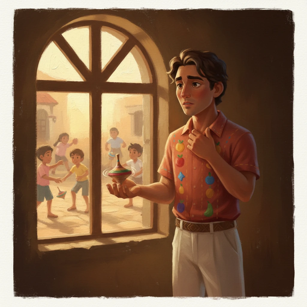 Mateo siente un cosquilleo en la garganta y su trompo comienza a girar de forma irregular, su franja verde luciendo apagada. Mira a un grupo de niños jugando afuera a través de una ventana, con anhelo en sus ojos. La habitación está suavemente iluminada, creando un ambiente ligeramente sombrío que sugiere su vulnerabilidad.