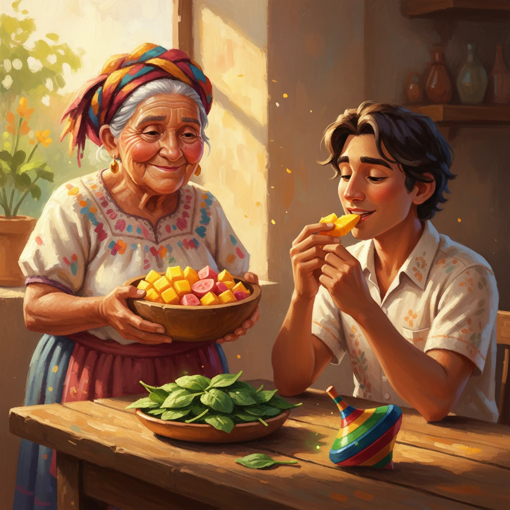 Su Abuela, con ojos amables y sabios, le presenta a Mateo un vibrante tazón de mango, guayaba y auyama, junto con una fresca ensalada de espinacas. Los colores estallan, capturados en pinceladas ricas y gruesas, como si estuvieran pintados con luz. Mateo come con gusto, sintiendo una inmediata sensación de calidez y fuerza extendiéndose por él. La franja verde de su trompo palpita con vida.