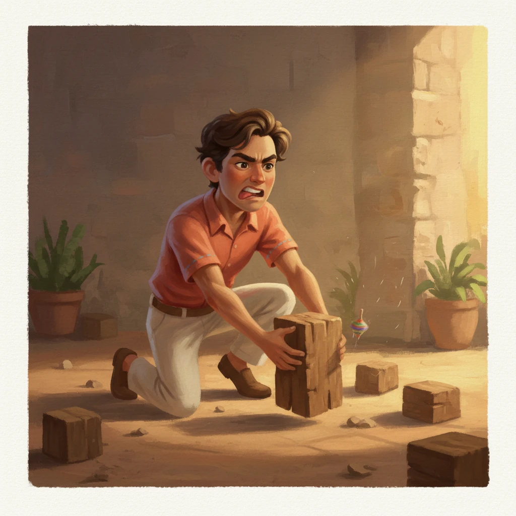 Mateo, ahora lleno de energía, es visto intentando levantar un pequeño bloque de madera, con el ceño fruncido por la concentración. Sus brazos se sienten débiles y la franja azul de su trompo parece tenue, casi transparente. Los fuertes contrastes de luz y sombra resaltan su postura decidida pero esforzada, enfatizando la necesidad de fuerza.