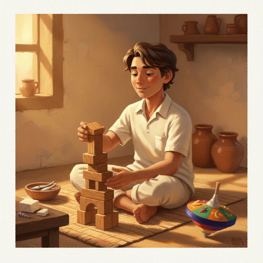 Después de una comida de sardinas a la parrilla y un queso blanco firme, Mateo apila sin esfuerzo sus bloques de madera, construyendo una pequeña torre. Una sensación de fuerza tranquila emana de él. La franja azul de su trompo es ahora un índigo profundo y rico, significando los poderosos bloques constructores que ha consumido. La escena está bañada en un resplandor cálido y reconfortante.