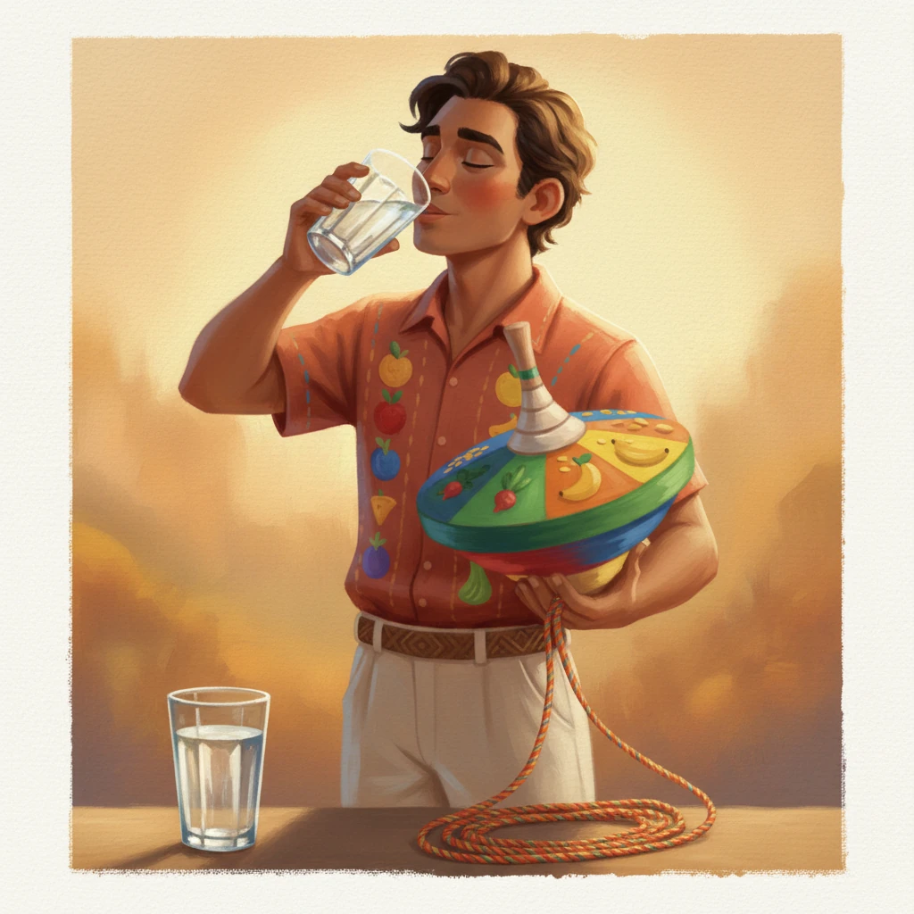 Mateo está junto a un vaso de agua transparente, que refleja la luz como una joya. A su lado, una cuerda de saltar yace enrollada, lista para ser usada. Bebe un trago largo y refrescante, y luego toma con confianza la cuerda. La 'cuerda' alrededor de su trompo, antes floja, ahora se tensa, vibrante y llena de potencial, lista para hacerlo girar.