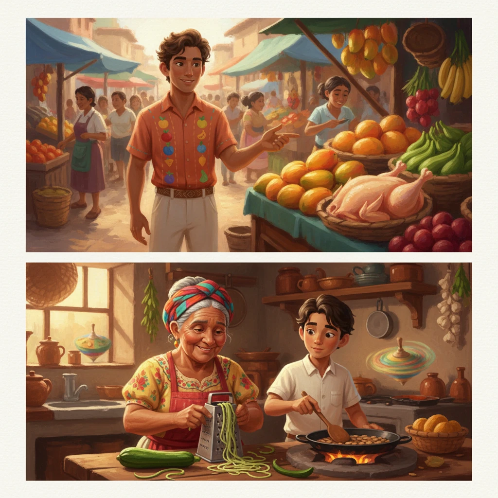 Mateo y Abuela están en un bullicioso mercado, Abuela señalando mangos frescos de temporada y un pollo entero. Más tarde, en su cocina, sustituyen creativamente ingredientes, rallando calabacín para hacer 'pasta' y tostando semillas de auyama. La escena es un tapiz de colores y texturas ricas, mostrando la abundancia e ingenio de sus elecciones, con el trompo girando constantemente al fondo.