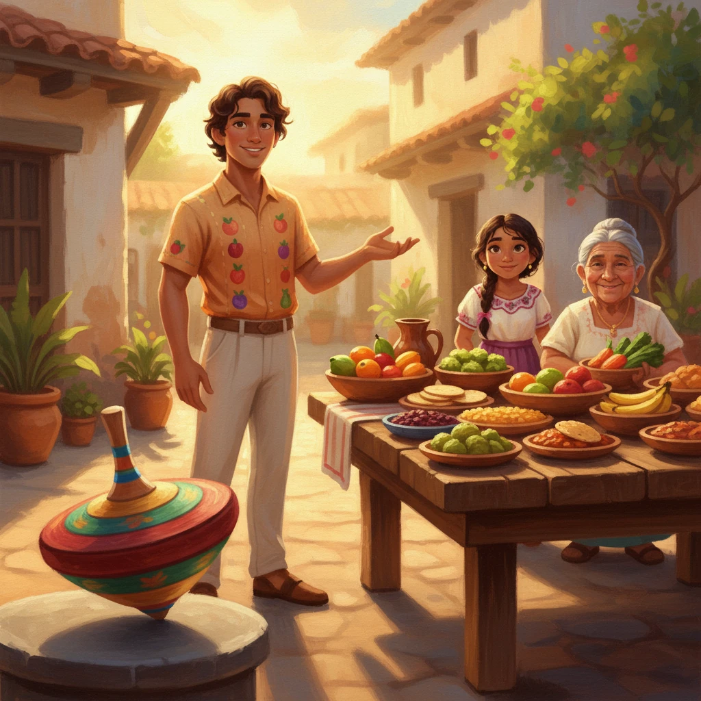 Años después, un Mateo seguro y saludable, ahora un joven adulto, se para junto a su trompo perfectamente equilibrado y de colores brillantes, que gira con gracia sin esfuerzo. Señala una mesa cargada con una comida diversa, colorida y nutritiva, preparada con amor y sabiduría. El sol poniente proyecta un tono dorado sobre toda la escena, simbolizando una vida vivida en armonía y salud, un testimonio del 'trompo de los alimentos'.