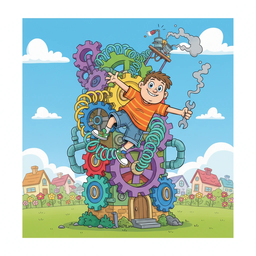 Barnaby Button, a lanky fellow with a perpetually hopeful grin, often found himself tangled in his own inventions. His home, a wobbly tower of colorful gears and springs, stood out in Sunnyville, a town known for its bright flowers and even brighter residents. Despite his best intentions, his creations usually ended with a comical clang or a harmless puff of smoke.