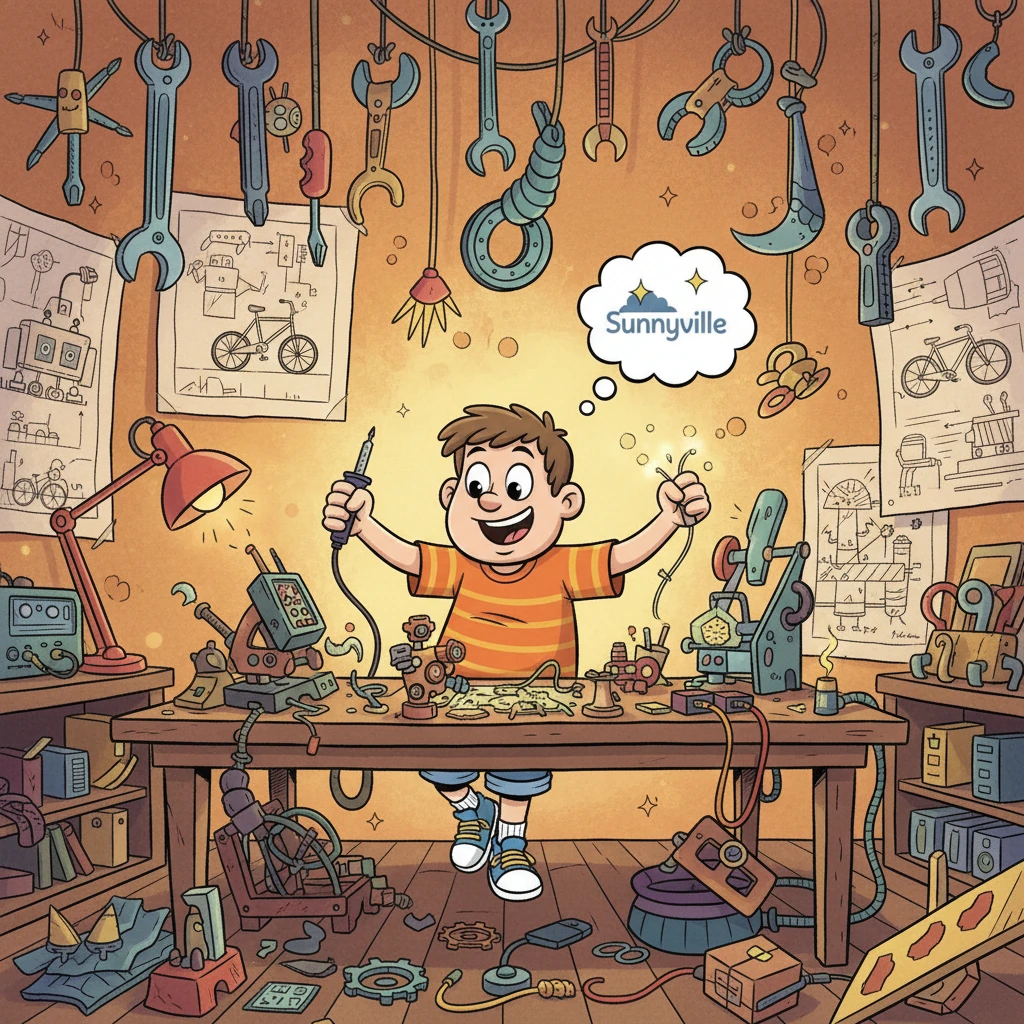 Inside his workshop, a joyful explosion of creativity, Barnaby tinkered with wires and cogs. Tools hung from the ceiling like playful stalactites, and blueprints for fantastical contraptions covered every surface. He dreamt of creating something truly amazing, something that would make Sunnyville sparkle even more.