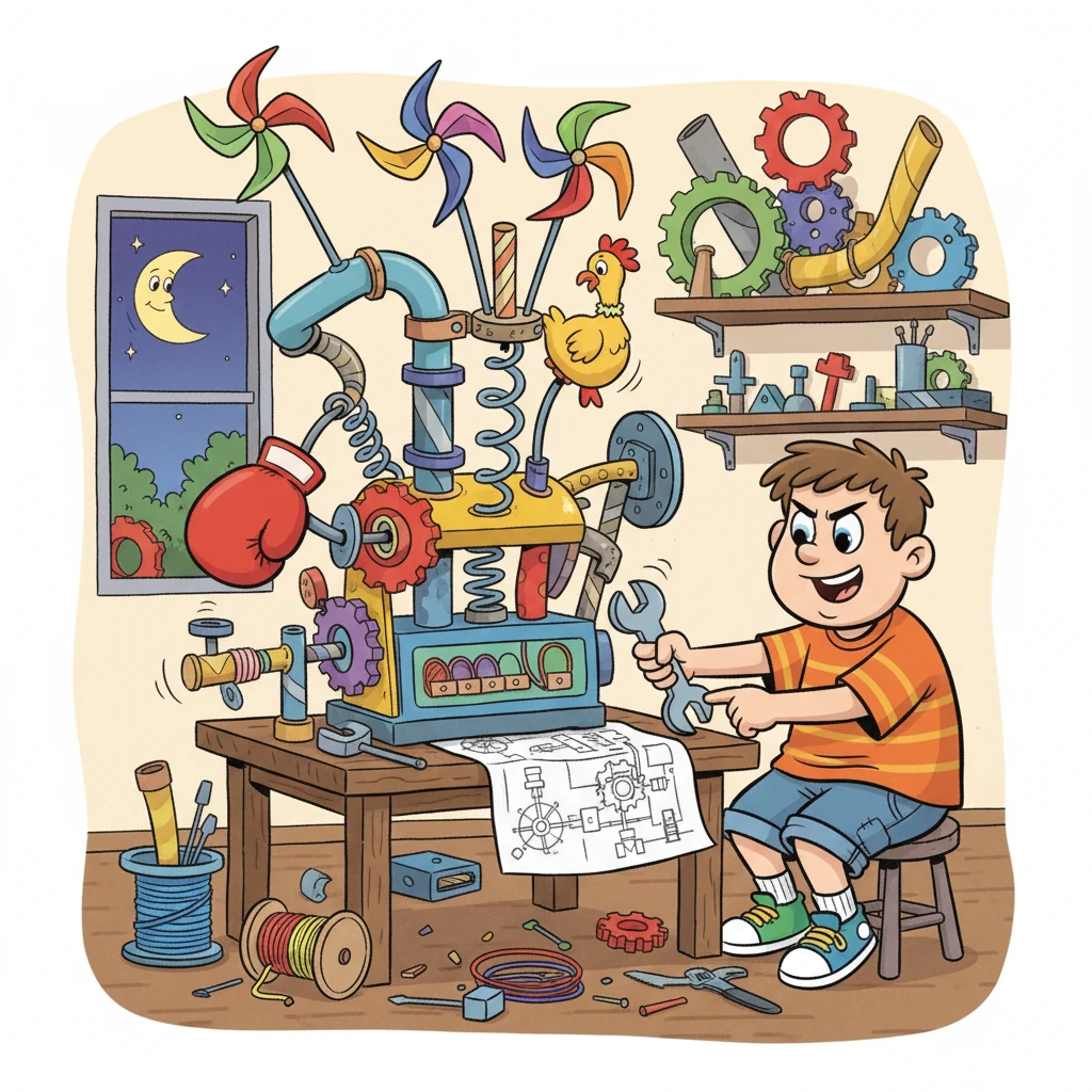 With a spark of inspiration, Barnaby began work on his grandest invention yet: the "Giggle-Gear Gadget," a machine designed to spread joy. He worked day and night, humming cheerful tunes, convinced this one would be different. His brows furrowed in concentration, but his heart was light.