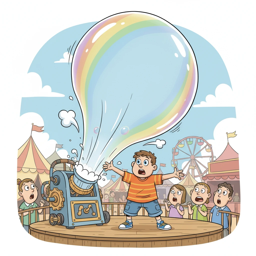On the day of the fair, Barnaby proudly unveiled his Giggle-Gear Gadget. With a dramatic flourish, he flipped the switch. Instead of giggles, it let out a mighty puff, inflating a colossal, rainbow-striped bubble that wobbled precariously.