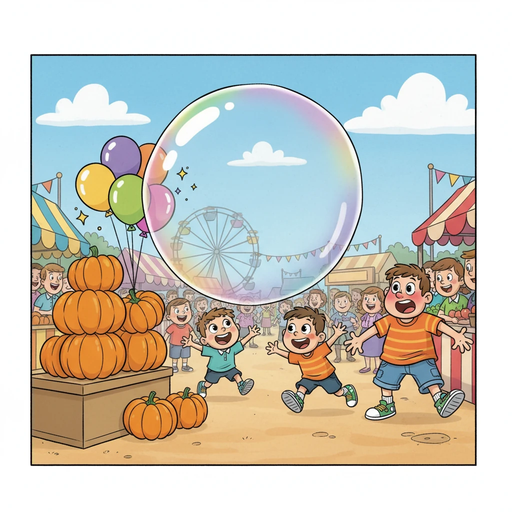 The enormous bubble, much to Barnaby's horror, bounced through the fairgrounds, gently nudging prize-winning pumpkins and playfully popping balloons. Children squealed with delight, chasing after the shimmering orb as it floated past the amazed crowd. Barnaby felt his cheeks flush bright red.