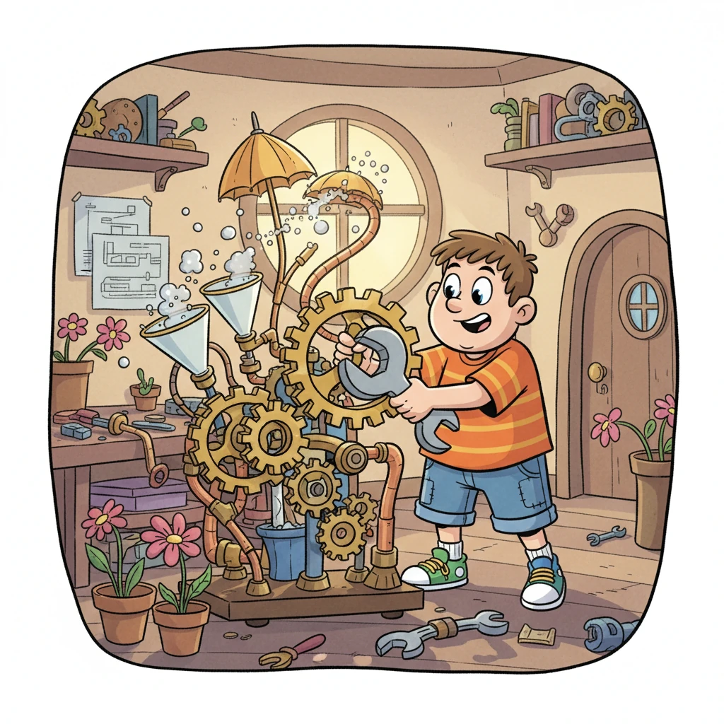 Suddenly, Barnaby had an idea! He rushed back to his workshop, modifying his Giggle-Gear Gadget. He adjusted gears and pipes, aiming to collect the morning mist the flowers desperately needed. This time, he focused on gentle collection, not playful bubbles.