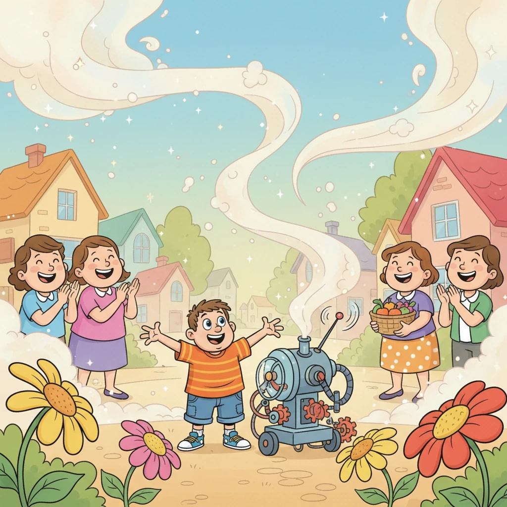 With a triumphant whir, the modified gadget gently gathered the invisible moisture from the air, creating a soft, refreshing mist that settled over Sunnyville. The flowers perked up, the air felt fresh, and the townspeople cheered, showering Barnaby with grateful smiles. He realized his true win wasn't a perfect invention, but the happiness he brought to his beloved town.