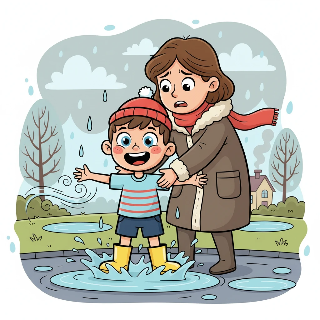 Un après-midi d'hiver, Tom, sans son manteau, défie la pluie et le vent glacial pour jouer dehors. Il éclabousse joyeusement les flaques d'eau, le visage rougi par le froid, insouciant du temps maussade. Sa maman, le front plissé d’inquiétude, le serre tendrement avant de l’emmener d'urgence à l'hôpital, le petit garçon se sentant tout faible et fatigué.