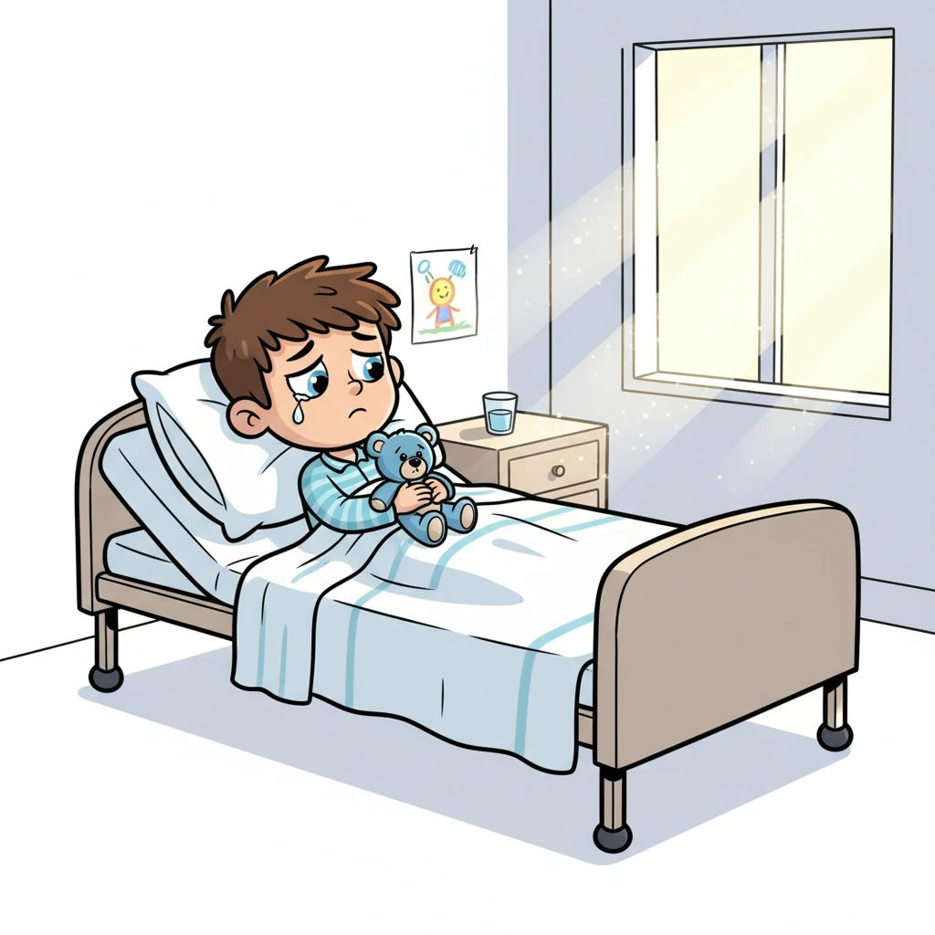 À l'hôpital. Tom est allongé dans son lit, l’air triste et seul. Une petite larme roule sur sa joue. Il s’ennuie de l’absence de sa maman et se sent seul dans la grande chambre blanche.