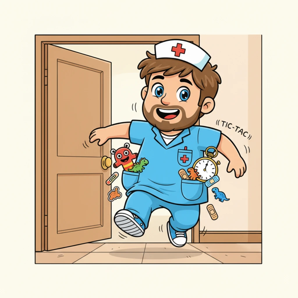 Soudain, Toc, toc, toc ! La porte s'ouvre sur Robert, un infirmier très gentil au sourire si grand qu'il illumine la pièce. Il porte une blouse bleue avec des poches pleines de trésors : un thermomètre rigolo, des pansements, des autocollants de dinosaures et une montre qui fait doucement « tic-tac », et des baskets blanches silencieuses.