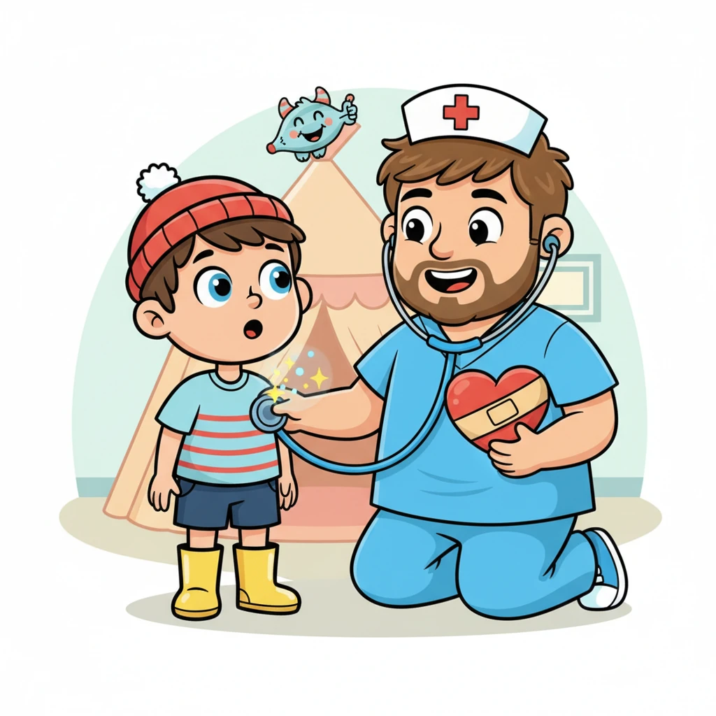 Robert s'approche de Tom avec douceur, expliquant chaque geste. Il utilise son stéthoscope pour écouter le cœur de Tom, puis un thermomètre rigolo pour sa fièvre. Un petit oxymètre lumineux apparaît sur son doigt, comme une lumière magique pour vérifier sa respiration.