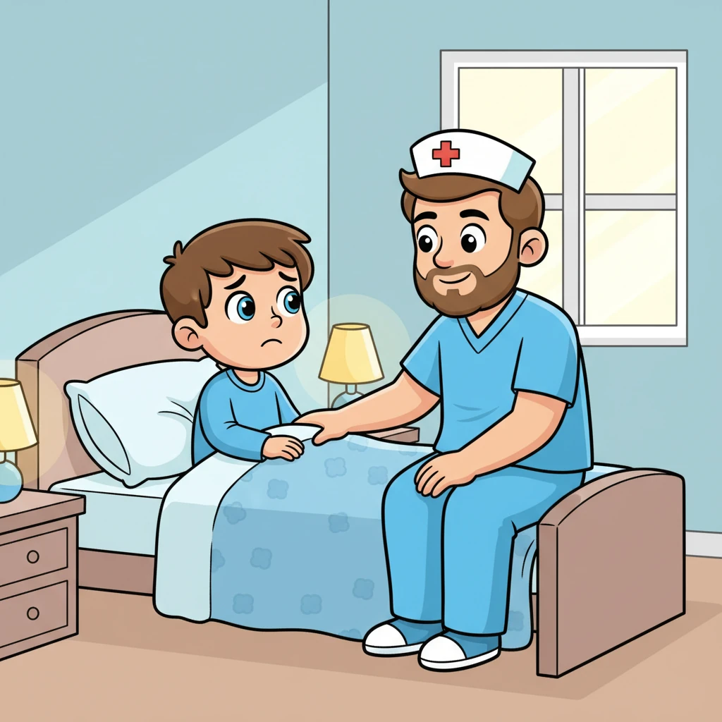 Inquiet, Tom demande à Robert : « Est-ce que je vais guérir ? » L'infirmier s'assoit au bord du lit et lui répond avec un sourire rassurant : « Bien sûr ! Je suis là pour veiller sur toi. » Tom se sent beaucoup mieux. Il sait que même s'il est malade, Robert l'infirmier est là pour le protéger et l'aider à aller mieux.