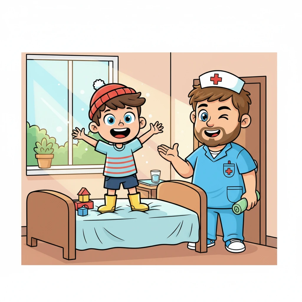 Deux jours après, un miracle arrive ! Le matin, Tom se réveille en pleine forme, les yeux brillants et le sourire retrouvé. La fièvre est partie, comme par magie, et il se sent plein d'énergie. Robert entre dans la chambre, voit Tom debout et lui fait un clin d'œil complice. Tom comprend alors qu'il a guéri grâce aux médicaments, mais surtout grâce au grand cœur et à la gentillesse de son infirmier.