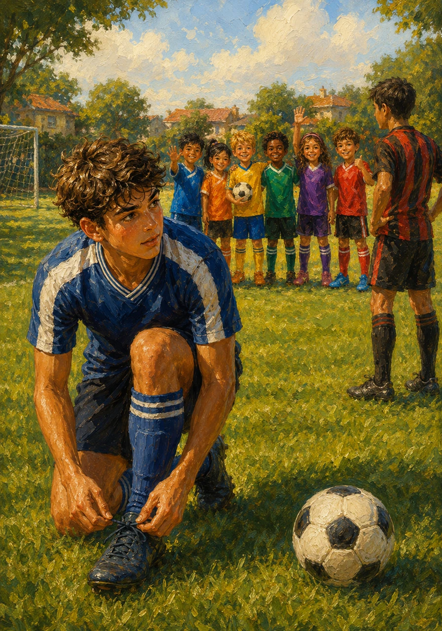 Leo ties his sneakers tightly and steps onto the sun-drenched neighborhood soccer field. His friends wave him over, and his heart races with excitement as he prepares to kick off the big match.