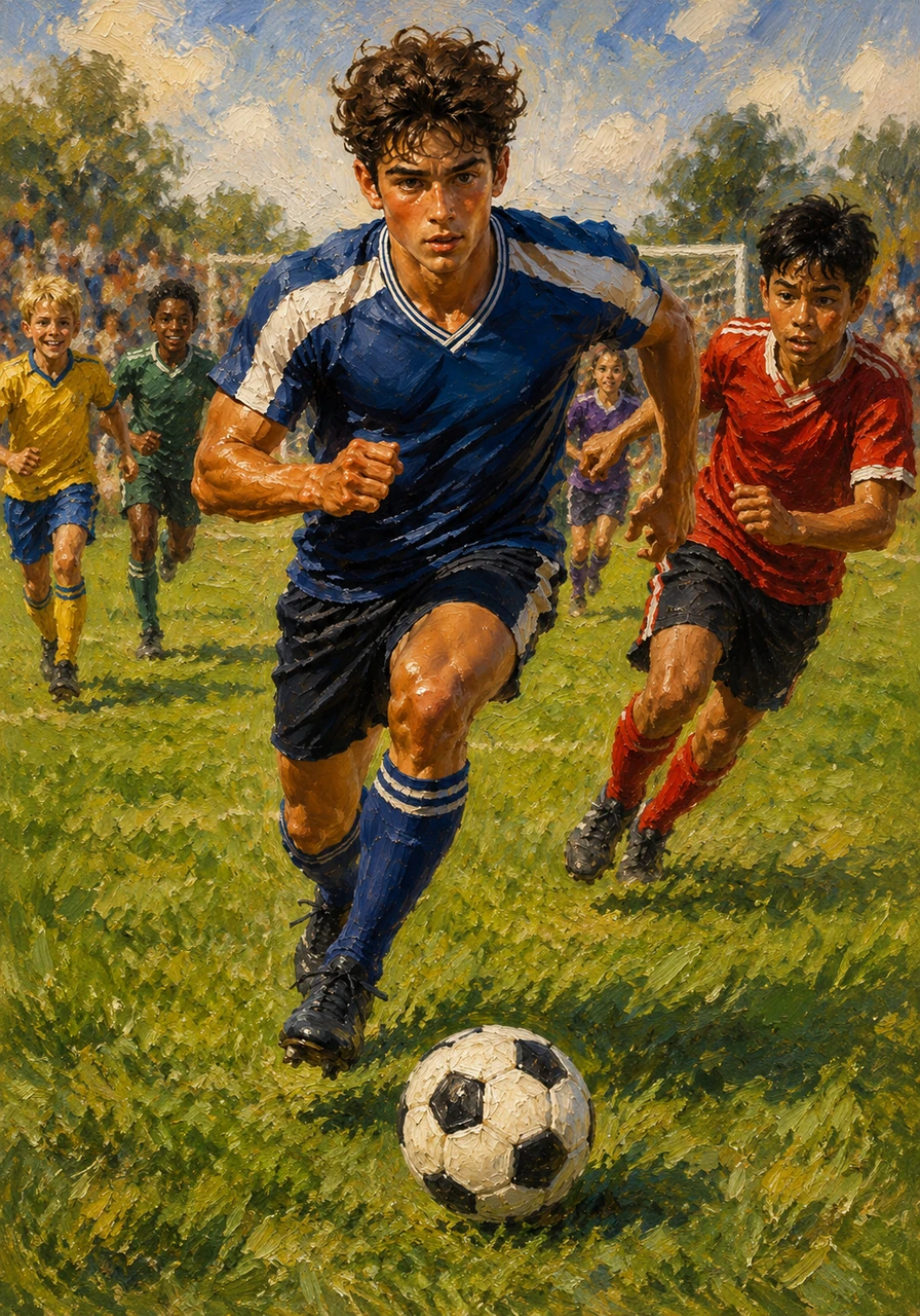 The whistle blows, and Leo darts across the grass, chasing the black-and-white ball. His leg muscles flex and strain with every stride, pushing his body forward in a display of pure mechanical work.