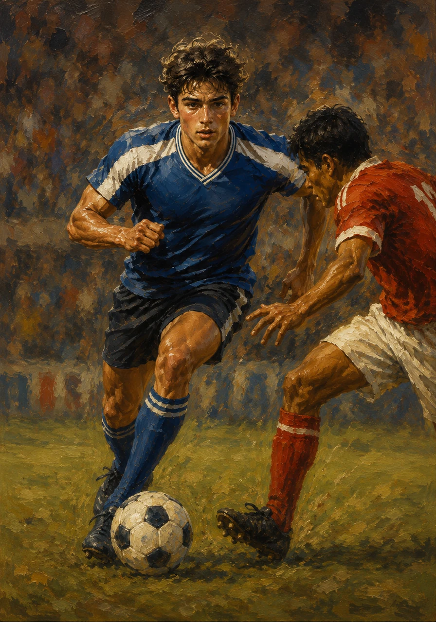 As the game intensifies, Leo maneuvers the ball past a defender with swift, powerful steps. Every dynamic movement transfers energy from his body into the physical force needed to dominate the field.