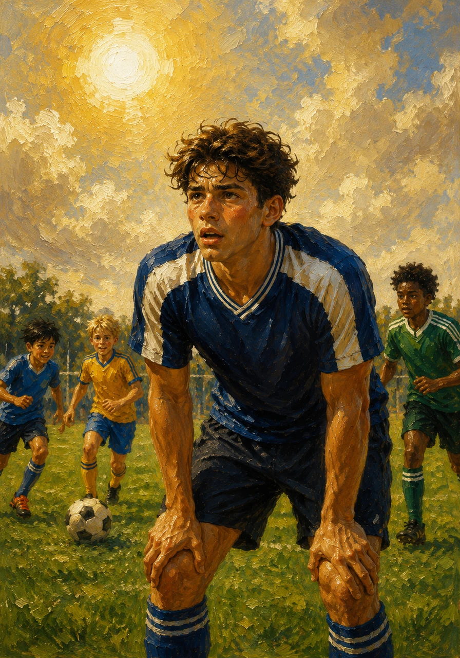 The midday sun beats down heavily on the pitch, making the air feel thick and warm. Leo feels his breath growing shorter and realization hits that his energy levels are rapidly draining.