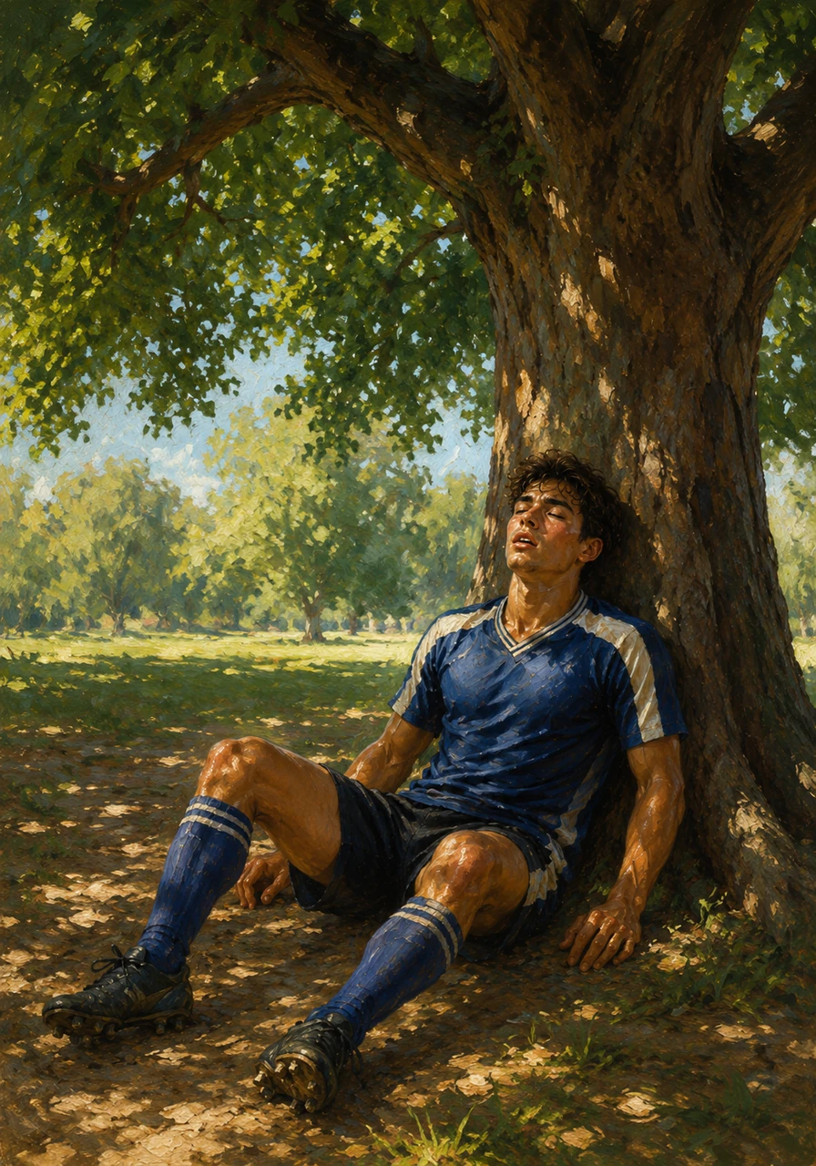 Recognizing the exhaustion creeping into his limbs, Leo decides to take a temporary break from the action. He jogs over to a large, leafy tree and collapses happily into its cool, refreshing shade.