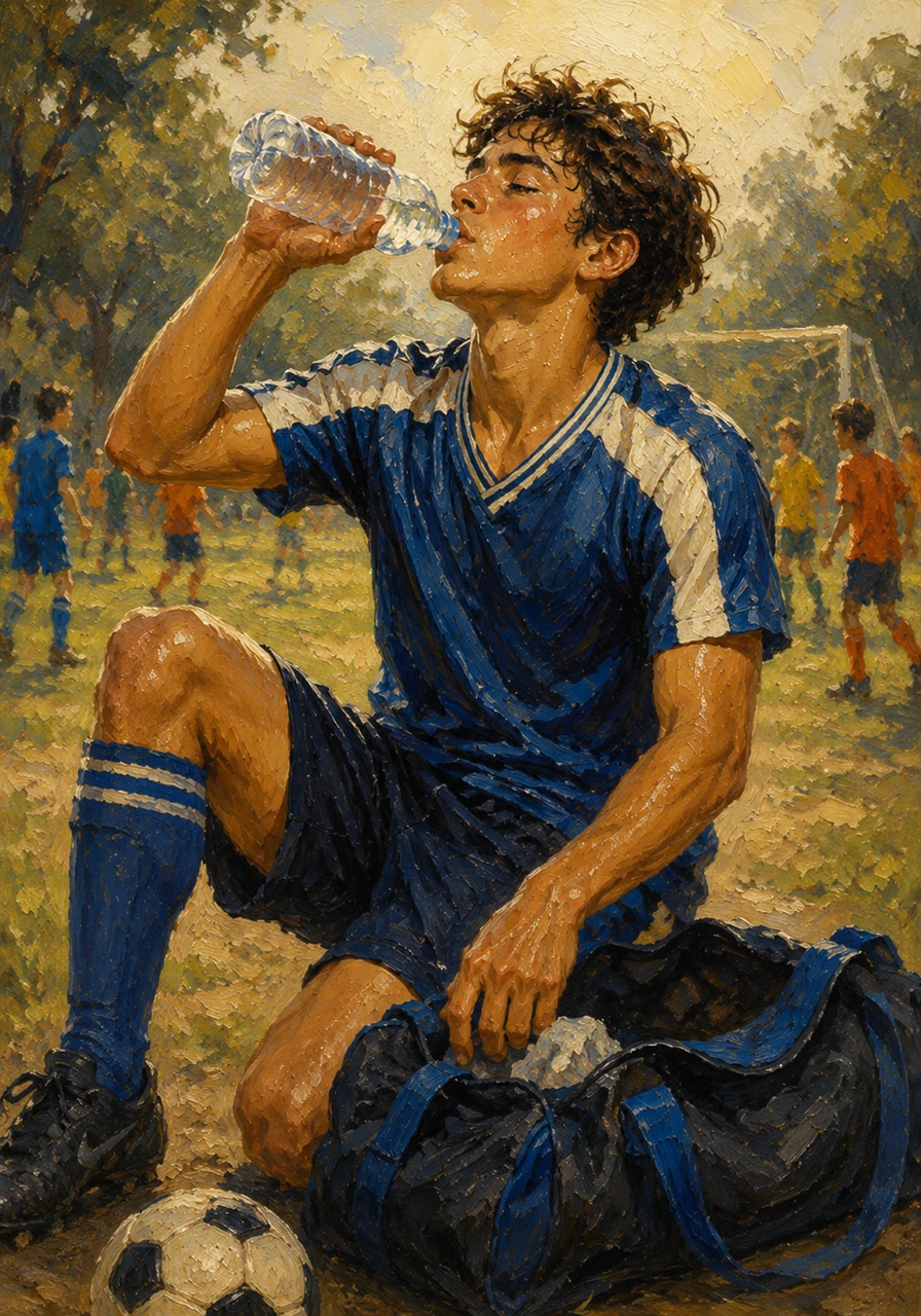 Leo reaches into his sports bag and pulls out a chilled bottle of water. He takes long, grateful gulps, feeling the cool liquid instantly soothe his parched throat and revive his tired spirit.