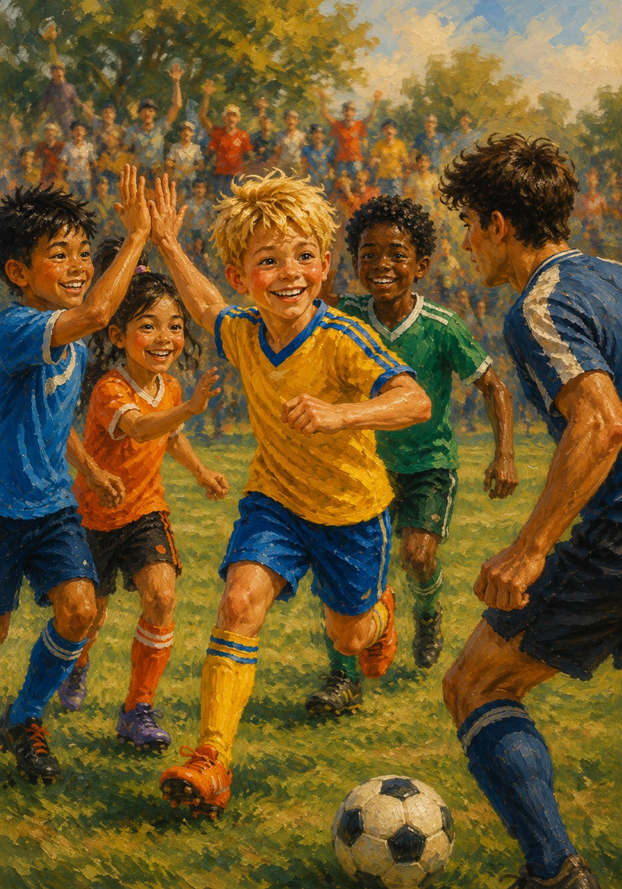 With renewed energy and a smile on his face, Leo high-fives his teammates and runs back into the game. He plays with passion, knowing that balancing hard work with smart rest keeps his body in perfect harmony.