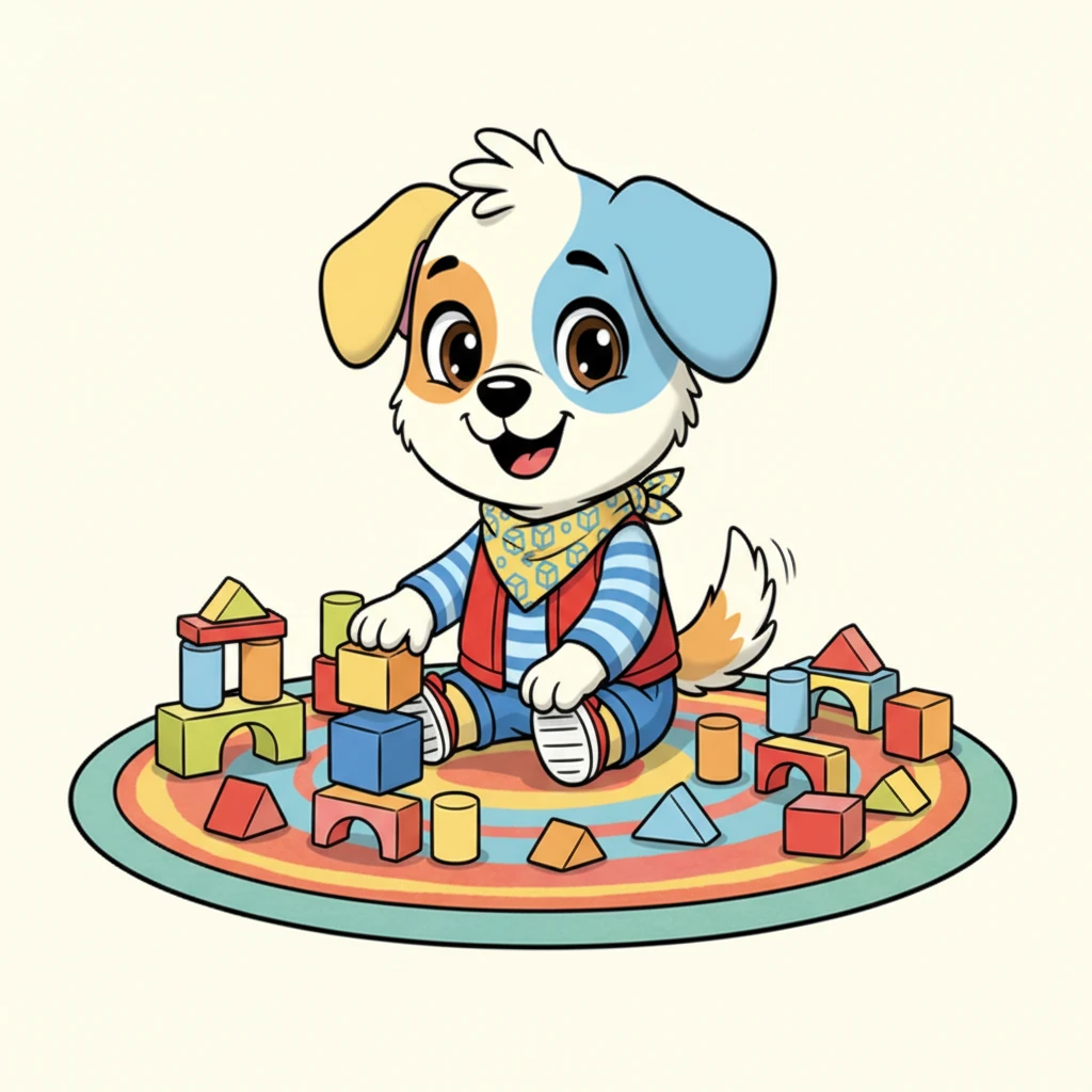 Кішкентай, үлпілдек Хайди күшік үлкен, қызыққан көздерімен түрлі-түсті кілемде қуанып отыр. Оның айналасында әртүрлі пішіндер мен өлшемдердегі ашық түсті құрылыс текшелері шашылып жатыр, олар тек ойнауды күтуде. Оның құйрығы қатты бұлғанып, жаңа шытырман оқиғаға деген ынтасын көрсетеді.