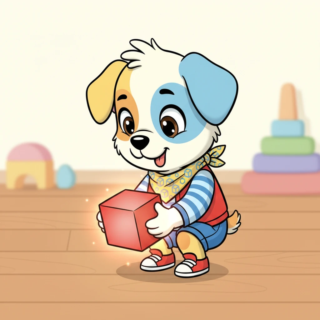 Хайди қызыл текшені табанымен ұстап алады, оның тілі сәл шығыңқы, зейін қойып тұр. Ол оны мұқият қарап, басын қисайтады, дәл оның құпиясын түсінгісі келгендей. Текше оның табанында жұмсақ жарқырап, бөлмедегі ойнақы жарықты көрсетеді.