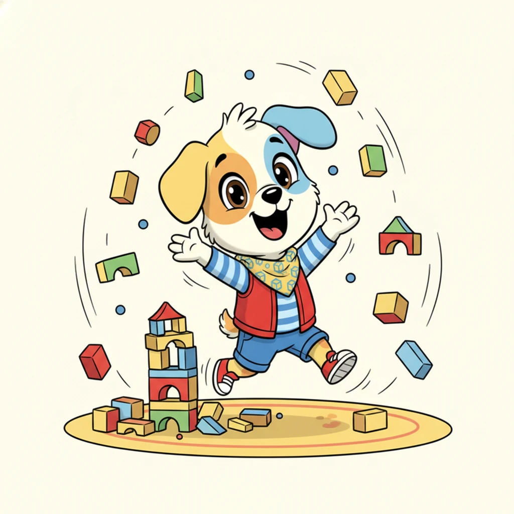 Ой жоқ! Мұнара жұмсақ гүрілмен құлап түседі! Хайди таңданып артқа секіреді, көздері үлкен, бірақ содан кейін күледі. Шашылған текшелер оның айналасында түрлі-түсті конфетти сияқты көрінеді, оны қайта бастауға шақырады.