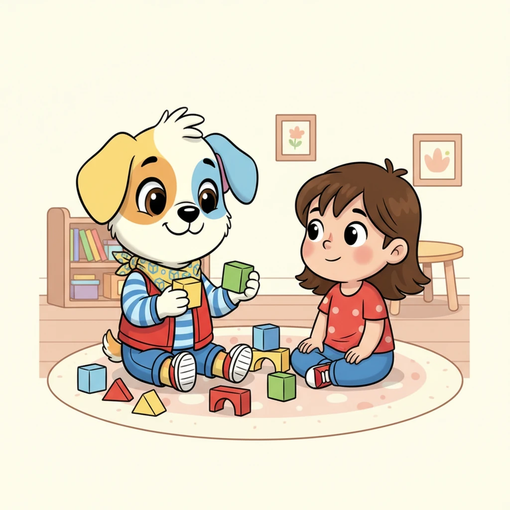 Ана ит жылы жымиыспен Хайдидің қасына кілемге келіп отырады. Ол Хайдиге екі сары текшені қалай біріктіру керектігін, содан кейін тағы бір жасыл текшені қосуды ақырын көрсетеді. Хайди мұқият қарап, басын қисайтып, үйренуге құмар.