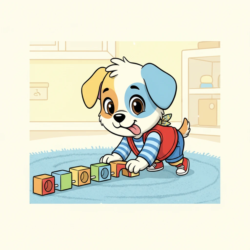 Келесі кезекте, Хайди ұзын пойыз құруды шешеді! Ол әртүрлі түсті бес текшені бір-біріне жалғап, оларды кілем бойымен созады. Оның тілі қайтадан шығыңқы, әр текшенің дәл келуін қамтамасыз етуге зейін қояды.