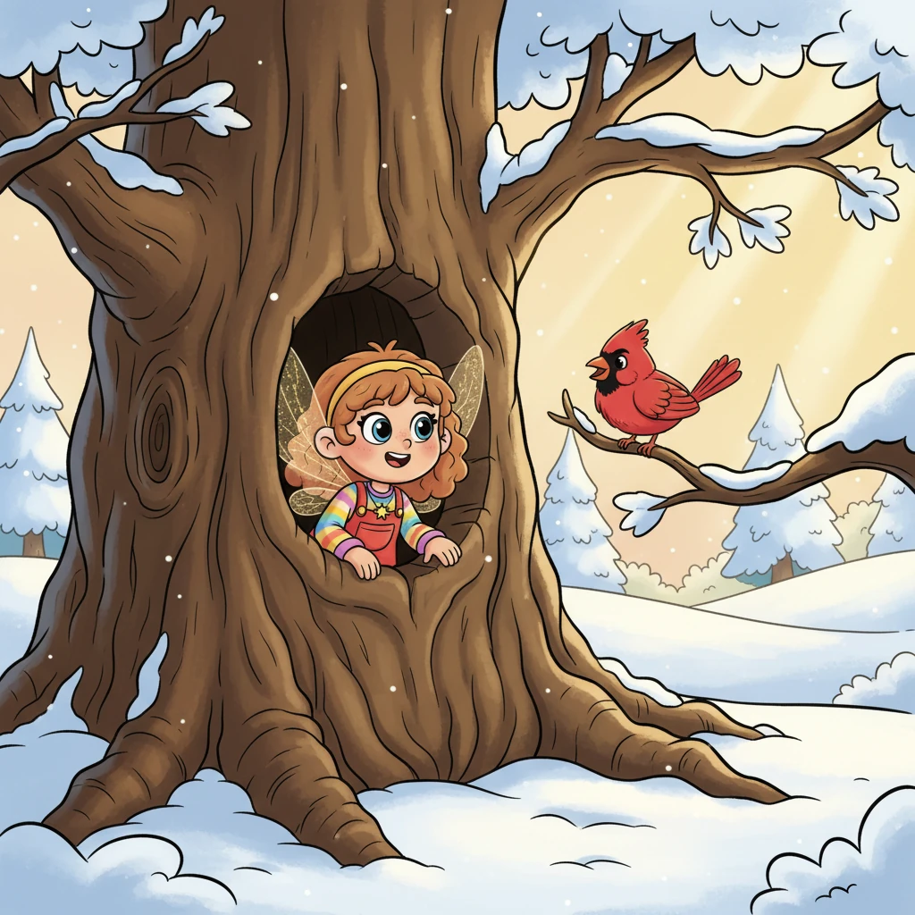 Pip, a tiny sprite with sparkling wings, peeks out from a cozy nook inside a giant oak tree. Outside, the world is a wonderland of glistening white snow, silent and peaceful under the January sun. A tiny, cheerful red cardinal perches on a snow-dusted branch nearby, its song a bright spot in the quiet morning.