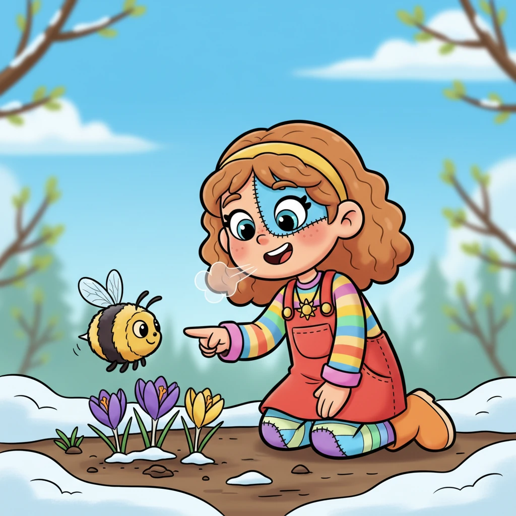 As February softly melts into March, Pip discovers the brave first crocuses poking their colorful heads through the last patches of snow. A fuzzy bumblebee, just waking up, buzzes excitedly around the purple and yellow blooms. The air feels crisp and fresh, hinting at warmer days to come.