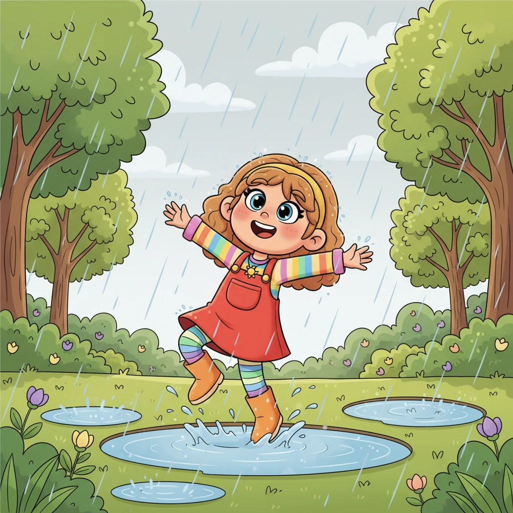 April brings gentle, happy rain showers that make the world sparkle with new green life. Pip dances barefoot through the puddles, laughing as fresh leaves unfurl on the trees and tiny buds swell on bushes. Every drop feels like a kiss from spring, making the earth sing.