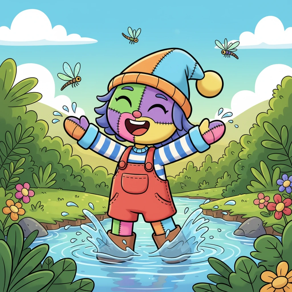 June arrives with long, golden days, perfect for splashing. Pip giggles while playfully wading in a shallow, sparkling stream, sending tiny ripples across the water. Dragonflies with shimmering wings zip past, enjoying the lush green foliage that now surrounds the banks.