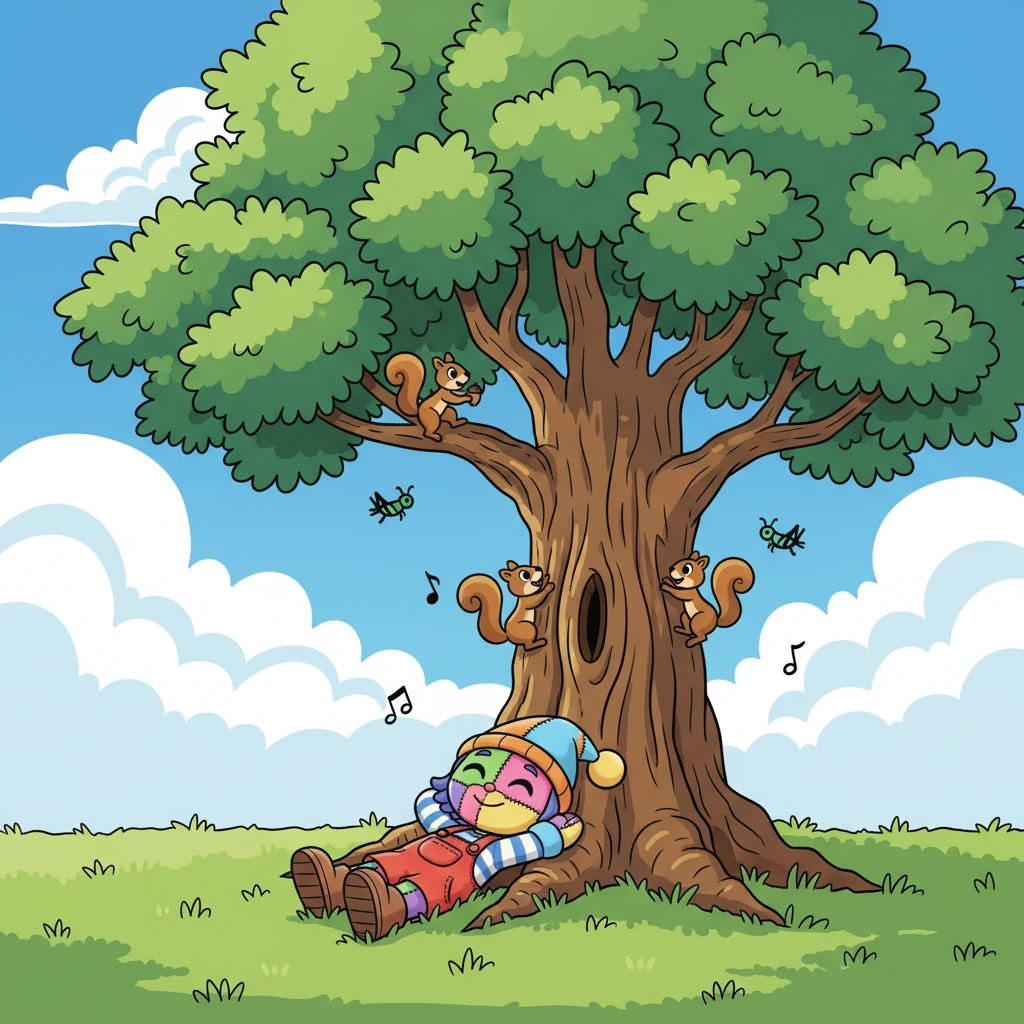 July's warmth invites lazy afternoons under the shade of a magnificent, leafy tree. Pip relaxes, watching fluffy clouds drift by and listening to the cheerful chirping of crickets. A family of playful squirrels chases each other up the sturdy trunk, full of summer energy.