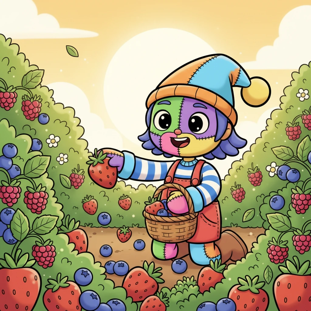 August is a time of sweet abundance, and Pip joyfully helps gather plump, colorful berries from a sun-drenched patch. Strawberries, blueberries, and raspberries tumble into a little woven basket. The air is warm and smells of ripe fruit and earthy goodness.