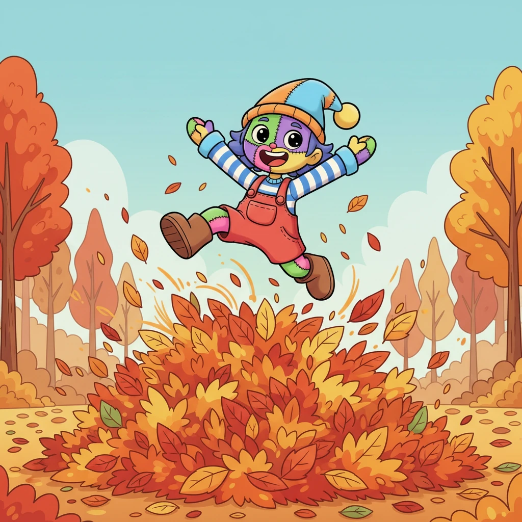 When October paints the world in fiery hues, Pip can't resist a grand adventure. With a joyful leap, the sprite plunges into a gigantic, crunchy pile of rustling autumn leaves. The air is cool and smells of earth and spices, making every jump feel exhilarating.