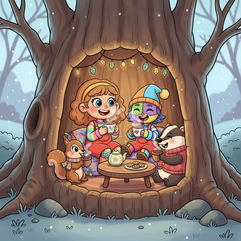 As November's chill begins to settle, Pip snuggles up inside the cozy oak tree, sipping warm, steaming tea with woodland friends. The first frosty air nips at their noses, reminding them that winter is just around the corner. They share stories and laughter, feeling warm and content.