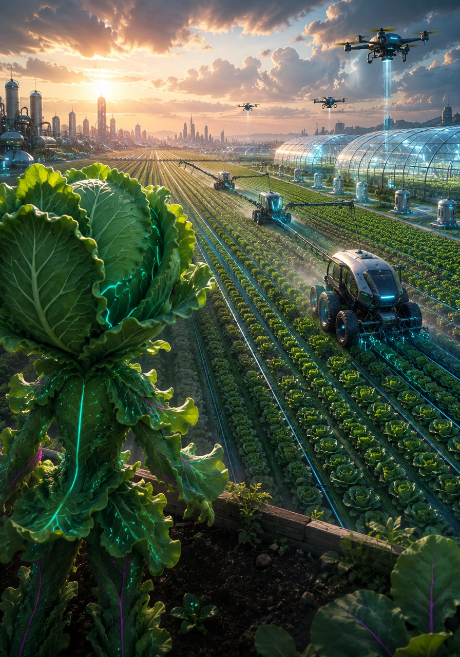 Com o passar do tempo, a Cláudia estica as suas folhas e observa a transição para um cenário de agricultura moderna num latifúndio vizinho. Aqui, a paisagem transforma-se em vastas extensões de monocultura, onde o trabalho humano é substituído por tratores potentes e colhedoras mecânicas. Sistemas de rega gota a gota automatizados e estufas tecnológicas controlam o ambiente ao milímetro, focando-se na alta produtividade.