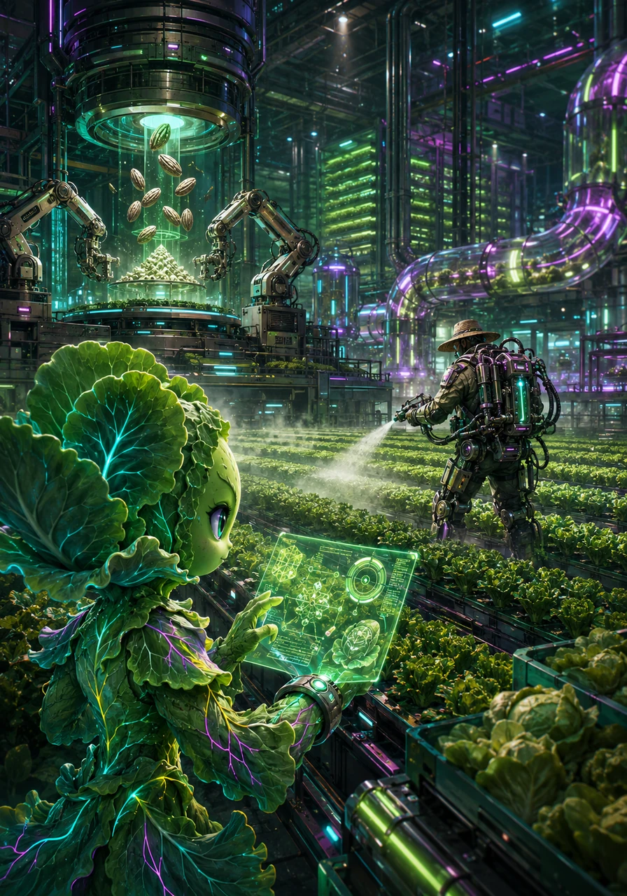 A nossa couve cientista estuda os fatores humanos que impulsionam esta modernização, como a aplicação de fertilizantes químicos e pesticidas para afastar as pragas de lagartas. Ela nota como a seleção de sementes geneticamente melhoradas e o forte investimento de capital transformam a agricultura numa atividade comercial altamente ligada à indústria de distribuição. A produção é massiva e padronizada para abastecer os grandes supermercados.