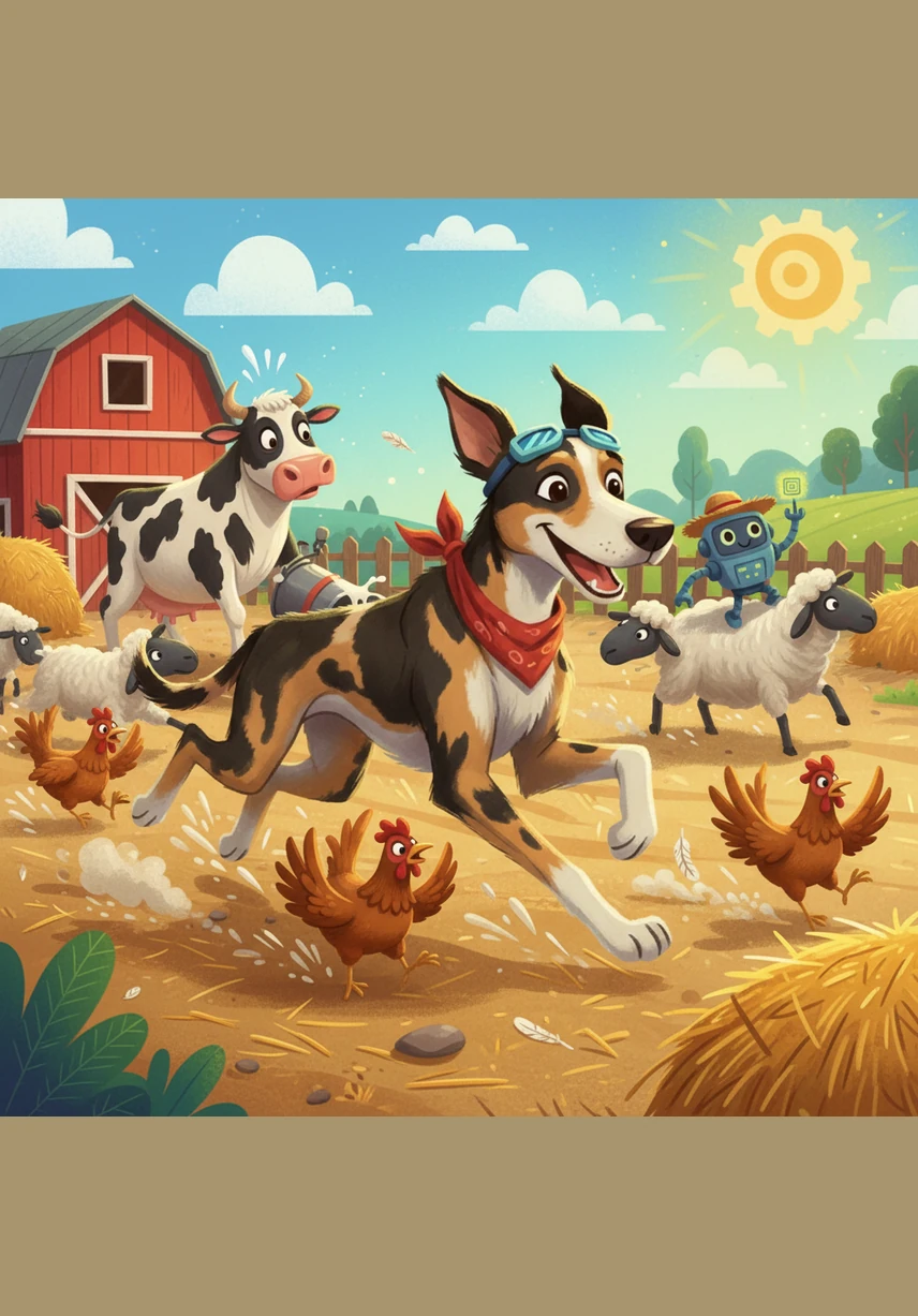 Suddenly, feathers flew and spots blurred as Matrix barked a loud challenge to the birds. The chickens squawked and scattered in every direction while Bobby followed the chaotic chase, laughing in his own doggy way.
